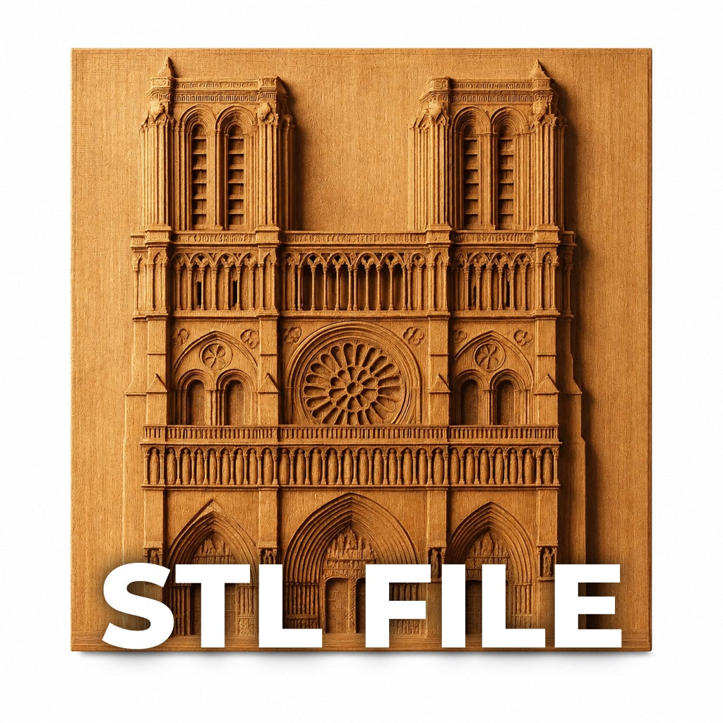 The Form Arcade Notre Dame Cathedral Relief STL File features a detailed CNC wall art design of the cathedral’s facade, offered as a digital file for woodworking projects—ideal for creating your own carved decor panel.