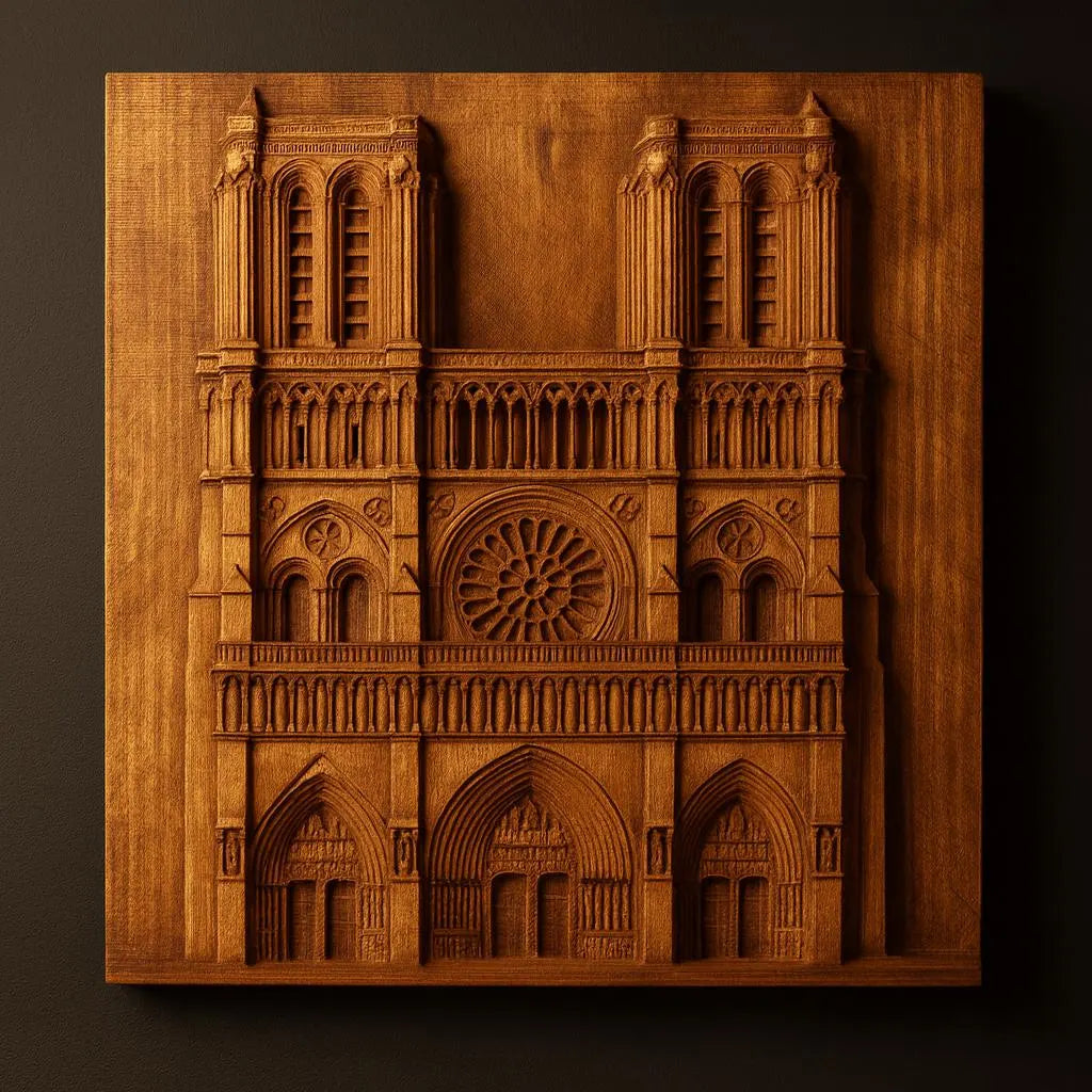 The Notre Dame Cathedral Relief STL File by Form Arcade is a detailed CNC wall art design featuring the cathedral’s twin towers and arched windows, perfect for 3D printing or carving, shown mounted against a dark background.
