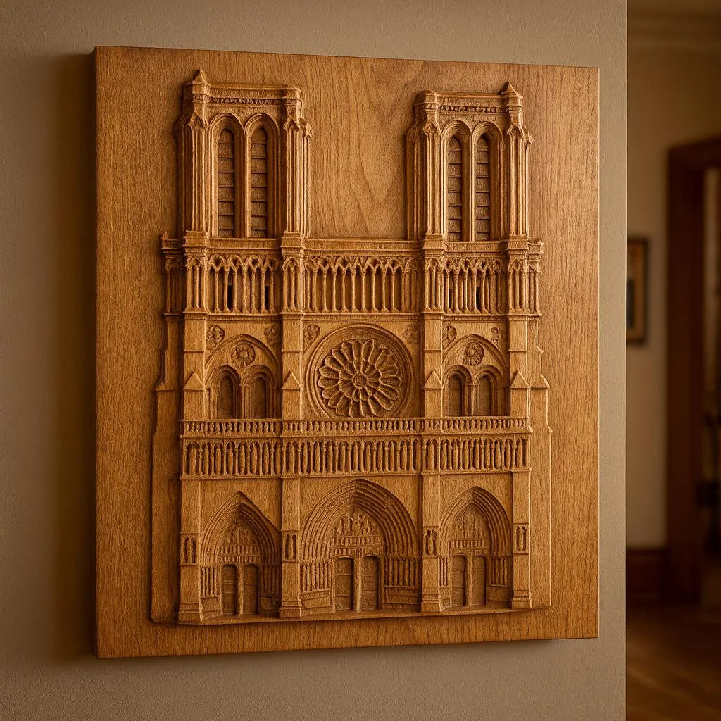The Notre Dame Cathedral Relief STL File by Form Arcade is a CNC wall art featuring two tall towers, arched doorways, intricate windows, and ornate details, inspired by the cathedral facade and displayed in a warmly lit room.