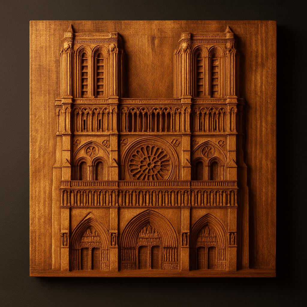 Detailed carved wooden relief of Notre Dame cathedral featuring intricate architectural elements and smooth depth transitions, photographed with warm lighting to showcase CNC carving precision
