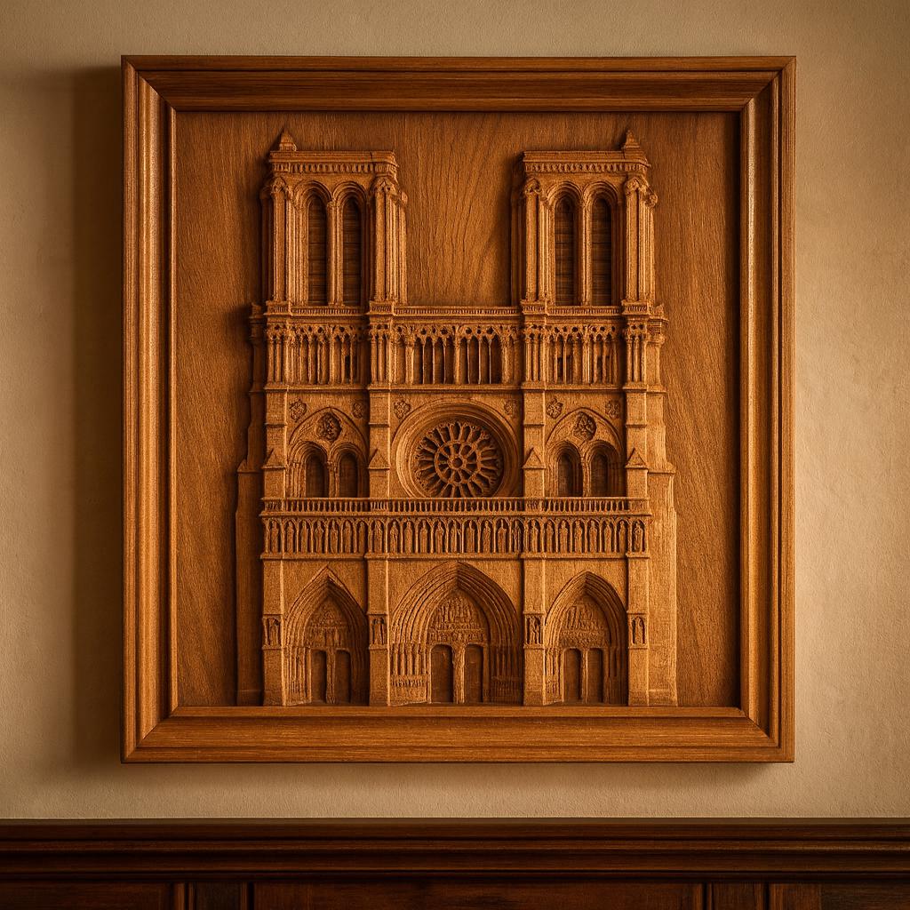 Framed Notre Dame cathedral relief mounted on a wall in a styled interior setting, showing realistic lighting and finished presentation as CNC wall art created from an STL file