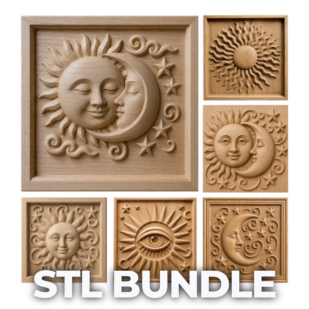 The Celestial Relief STL 6-Pack Bundle by Form Arcade showcases carved wood panel designs—sun, moon, stars, and an eye—ideal for 3D printing or CNC wall art. "STL BUNDLE" is displayed in bold white letters at the bottom.