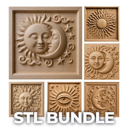 The Celestial Relief STL 6-Pack Bundle by Form Arcade showcases carved wood panel designs—sun, moon, stars, and an eye—ideal for 3D printing or CNC wall art. "STL BUNDLE" is displayed in bold white letters at the bottom.