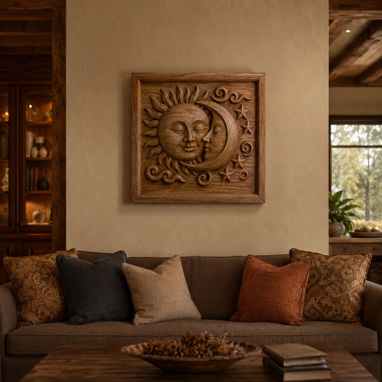 A cozy living room with a brown couch, assorted pillows, a wooden coffee table, and Form Arcade’s Celestial Relief STL 6-Pack Bundle | Sun Moon CNC Wall Art displayed above the couch.