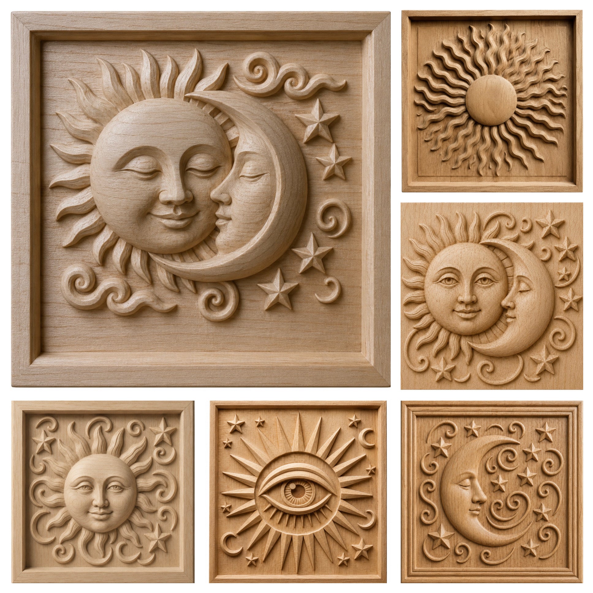 The Celestial Relief STL 6-Pack Bundle by Form Arcade showcases ornate sun, moon, stars, and eye designs. Perfect for CNC carving enthusiasts, this wall art pack features a central sun-moon face surrounded by celestial motifs.