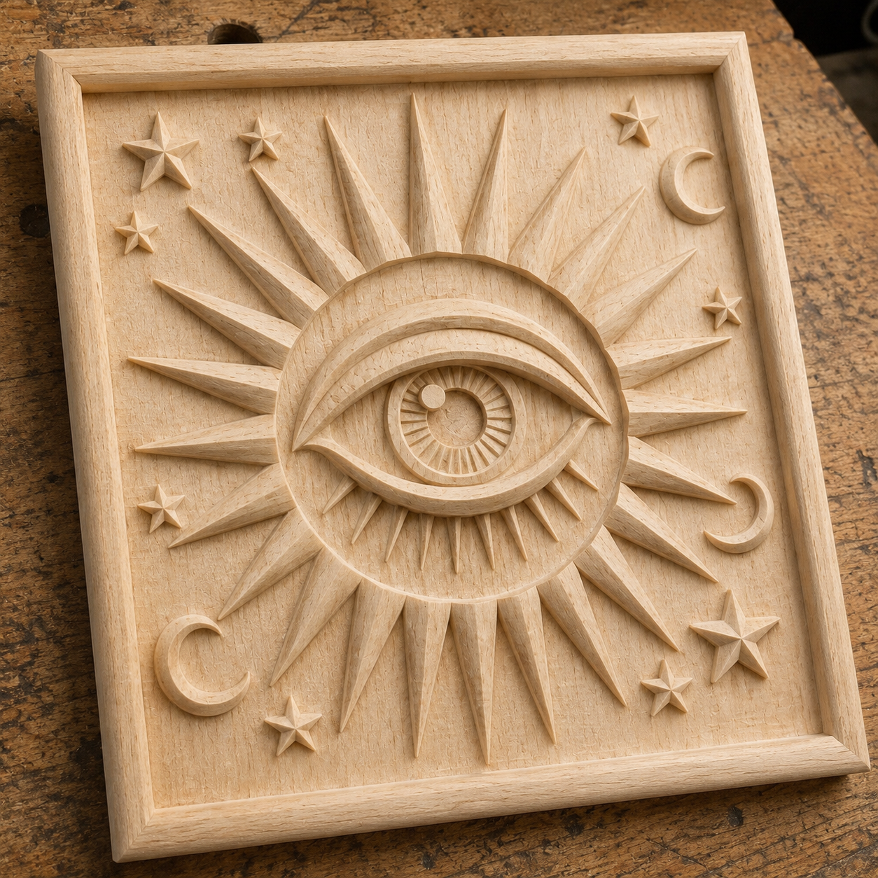 The Celestial Relief STL 6-Pack Bundle by Form Arcade features CNC-carved sun and moon wall art with a central eye, rays, stars, and crescent moons—perfect celestial decor for any wooden surface.