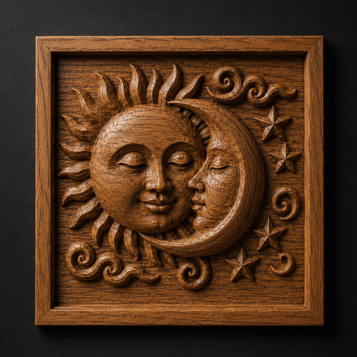 The Celestial Relief STL 6-Pack Bundle by Form Arcade features CNC-carved sun and moon faces touching, surrounded by stars and swirls in a square frame. This wall art stands out with intricate relief details on a dark background.