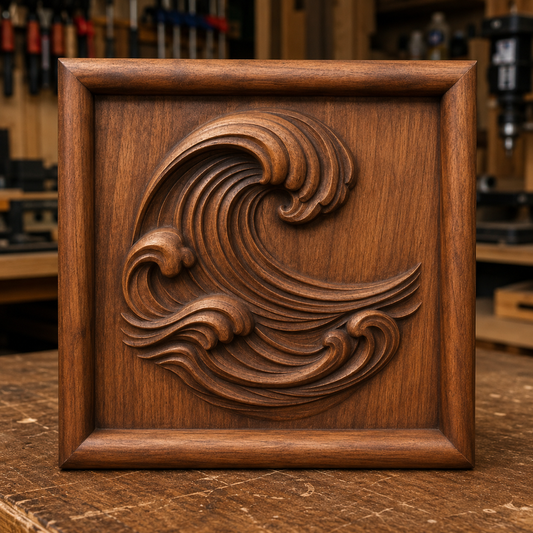 A square wooden plaque features a carved relief of a stylized ocean wave, intricately detailed, displayed upright on a wooden workbench in a workshop setting—perfect inspiration for woodworking projects using the Ocean Wave CNC Relief STL File | Coastal CNC Wall Art by Form Arcade.