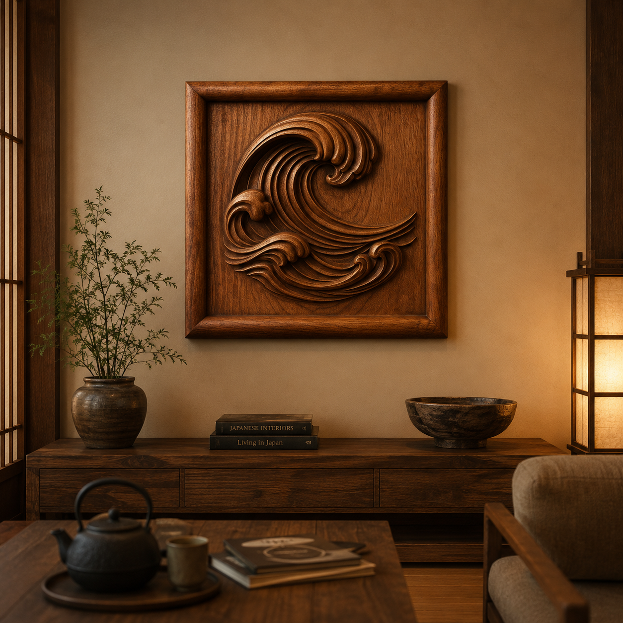 A cozy room with wooden furniture, a teapot, and books features Form Arcade’s "Ocean Wave CNC Relief STL File | Coastal CNC Wall Art" as a stunning carved accent on the wall. Soft lighting and a potted plant complete the tranquil, Japanese-style decor—making it the perfect inspiration for woodworking projects or displaying your favorite coastal-themed CNC relief design.