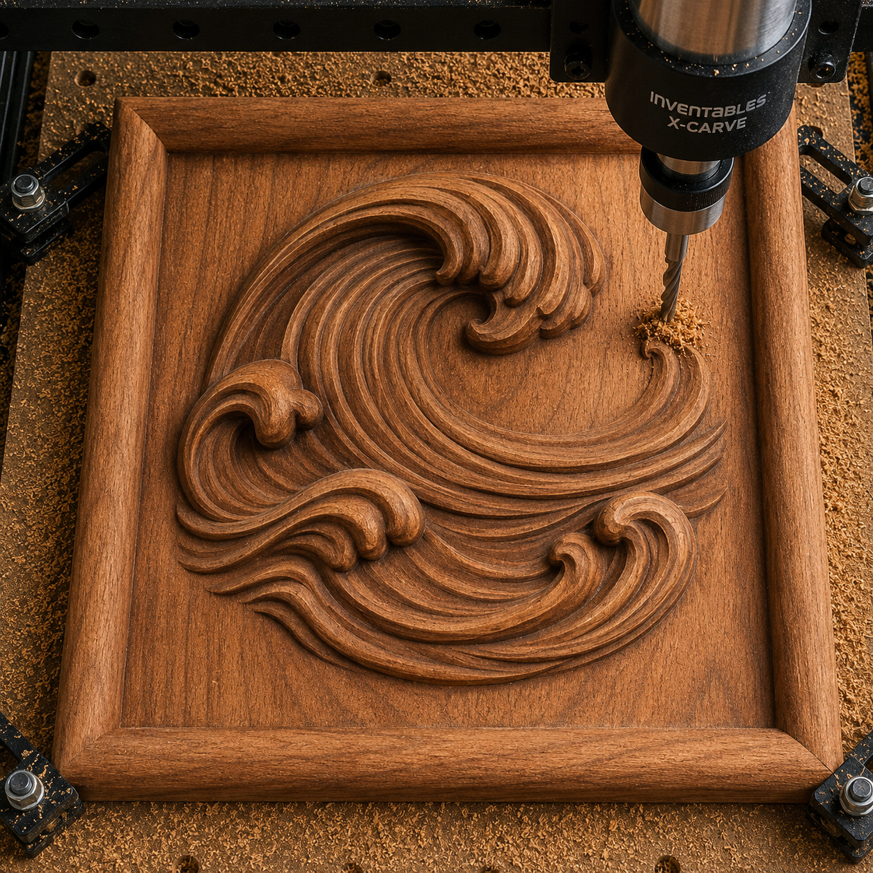 A CNC machine carves a wooden panel using the Ocean Wave CNC Relief STL File | Coastal CNC Wall Art from Form Arcade, featuring a stylized wave design with wood shavings surrounding the detailed, swirling pattern—perfect inspiration for woodworking projects or anyone seeking an ocean wave CNC relief file.