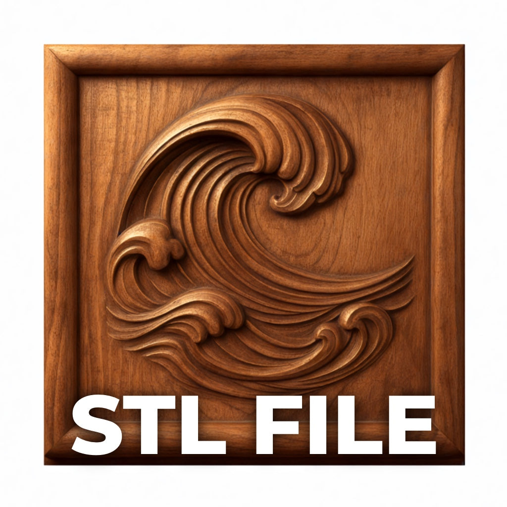 A wooden square plaque with a carved wave design is shown. "STL FILE" in bold white letters highlights the Ocean Wave CNC Relief STL File | Coastal CNC Wall Art by Form Arcade—ideal for CNC carving or 3D printing projects.