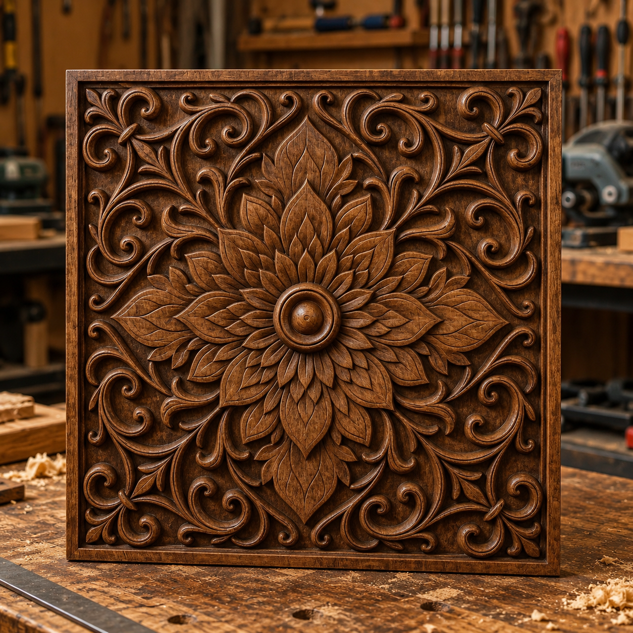 The Ornamental Floral Mandala CNC Relief STL File by Form Arcade features an ornate floral carving, with a central flower and swirling leaf patterns—ideal for woodworking projects and floral CNC wall art.