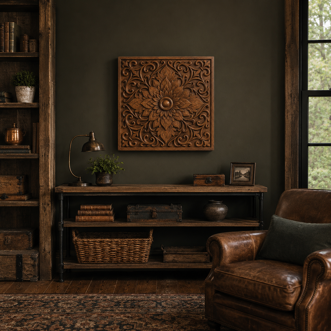 A cozy, rustic living room features a brown leather armchair, wooden shelves, books and decor on the console table, and Form Arcade’s Ornamental Floral Mandala CNC Relief Wall Art—perfect inspiration for woodworking projects.