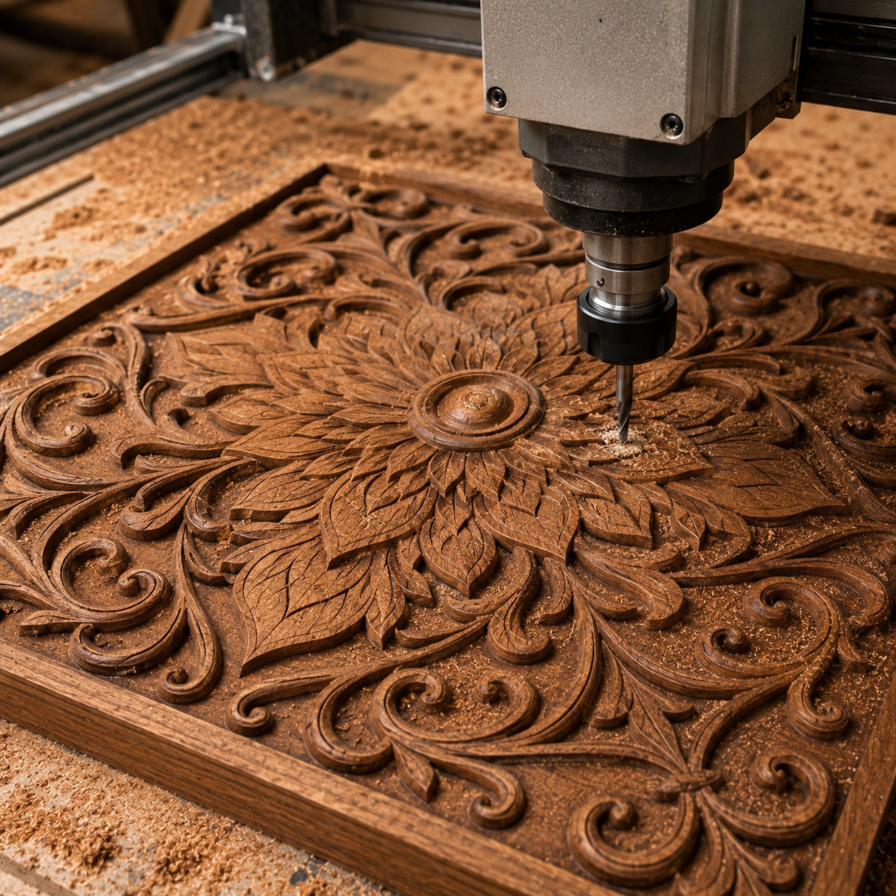 A CNC machine carves the Ornamental Floral Mandala CNC Relief STL File by Form Arcade into wood, shavings piling up in a lively workshop—ideal inspiration for your next floral CNC wall art woodworking project.