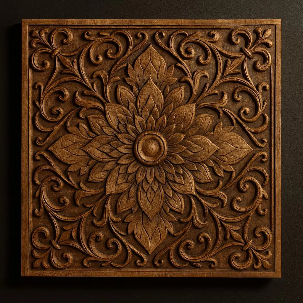 The Ornamental Floral Mandala CNC Relief STL File by Form Arcade features a square, intricately carved floral design with swirling leaves and a central motif—ideal for CNC wall art or woodworking projects.