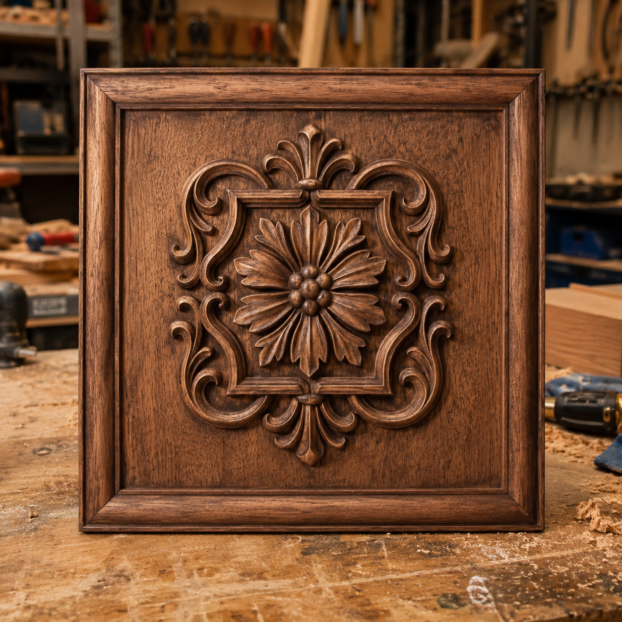 On a workbench in a woodshop, surrounded by woodworking tools and sawdust, the Ornamental Floral Medallion Relief STL File | CNC Wall Art from Form Arcade displays its ornate floral design. This decorative piece exemplifies the precision of CNC relief carving, with intricate details that enhance its visual appeal.