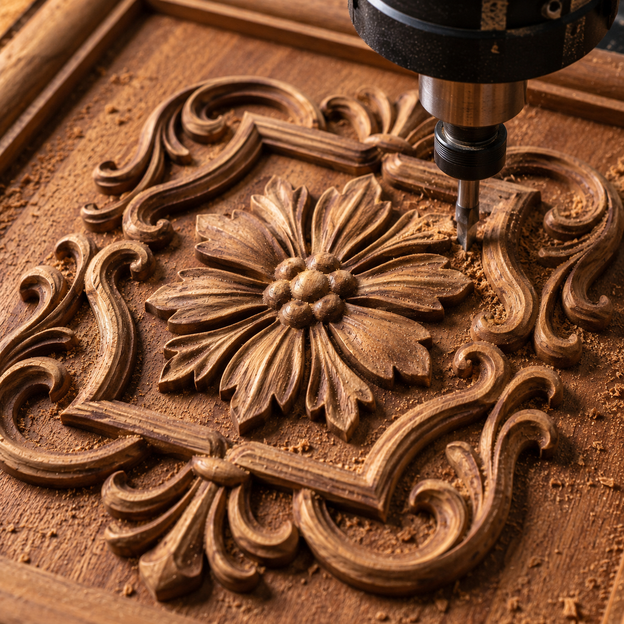 A CNC machine carves a detailed floral pattern into wood, surrounded by shavings, using the Ornamental Floral Medallion Relief STL File by Form Arcade—perfect for creating decorative wall art or inspiring your next CNC relief carving project.