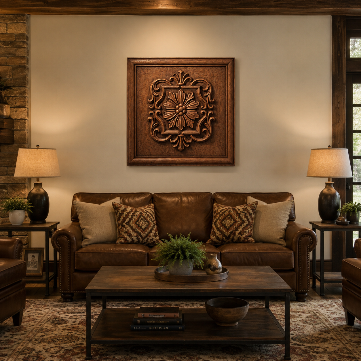 A cozy living room with a brown leather sofa, patterned pillows, two lamps, a wooden coffee table, and the Ornamental Floral Medallion Relief wall art by Form Arcade—an intricately carved wood piece—displayed above the sofa.