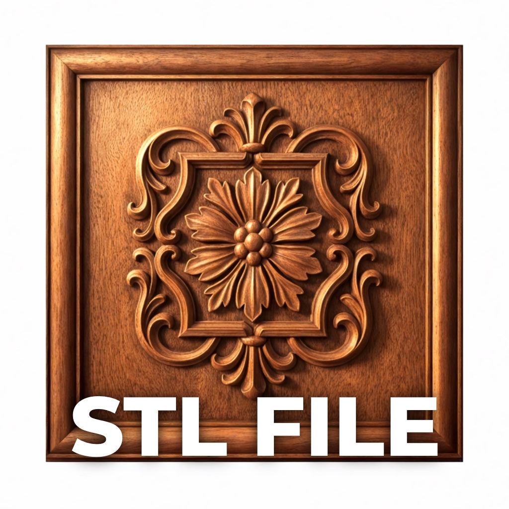 A carved wooden panel with an ornamental floral medallion at the center, labeled "Ornamental Floral Medallion Relief STL File | CNC Wall Art" by Form Arcade in bold white letters at the bottom.