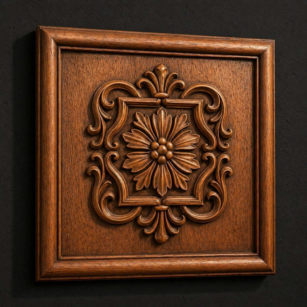 The Ornamental Floral Medallion Relief STL File by Form Arcade is a CNC wall art design featuring a square wooden panel with an ornate, carved flower and intricate scrollwork, perfect for decorative mounting on a dark background.