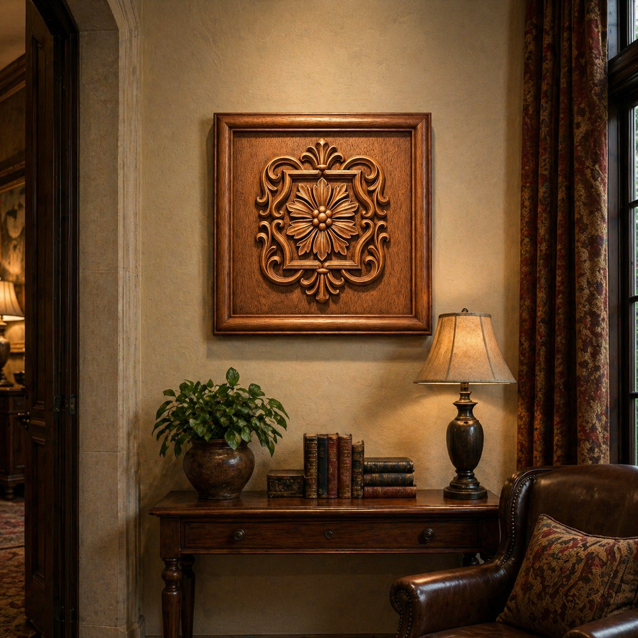 A warmly lit living room corner features a wooden table with books, a lamp, and a potted plant. Above the table hangs the Ornamental Floral Medallion Relief wall art by Form Arcade. Nearby are a leather chair and patterned curtains.
