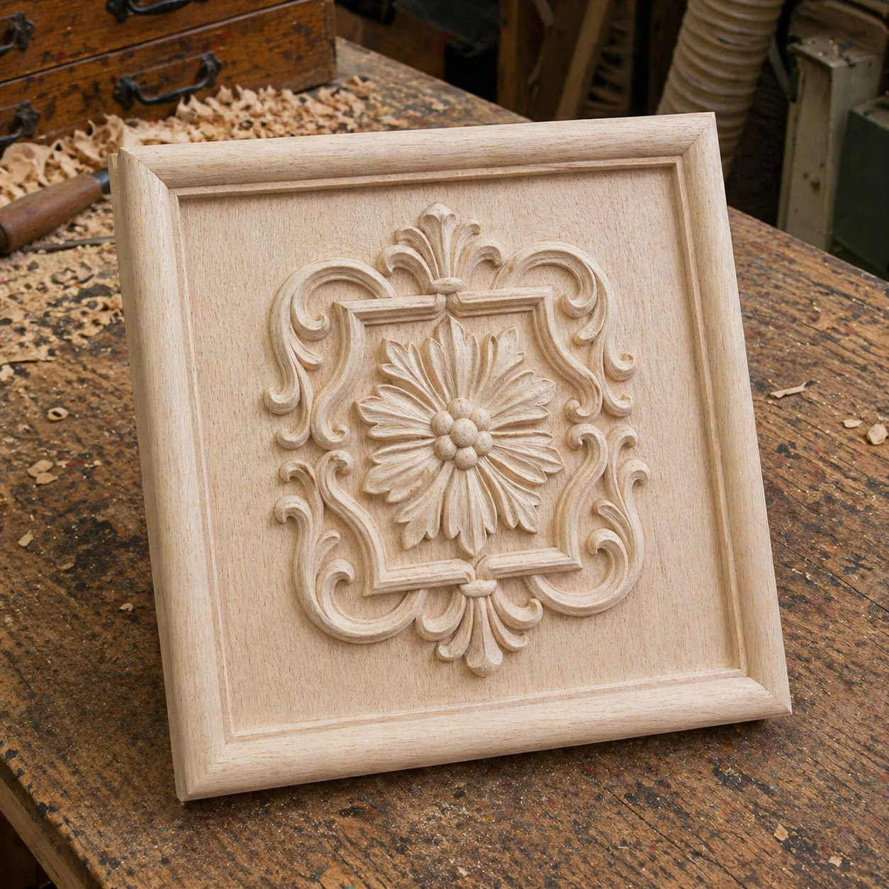 The Ornamental Floral Medallion Relief STL File by Form Arcade showcases CNC wall art with a central flower and intricate scrollwork, perfect for adding decorative flair to woodworking projects.