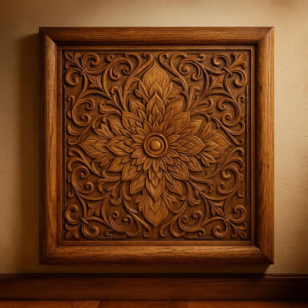 The Ornamental Floral Panel CNC Relief STL File by Form Arcade features a square, intricately carved floral and leaf design—ideal for CNC woodworking projects or as decorative wall art on a beige background.
