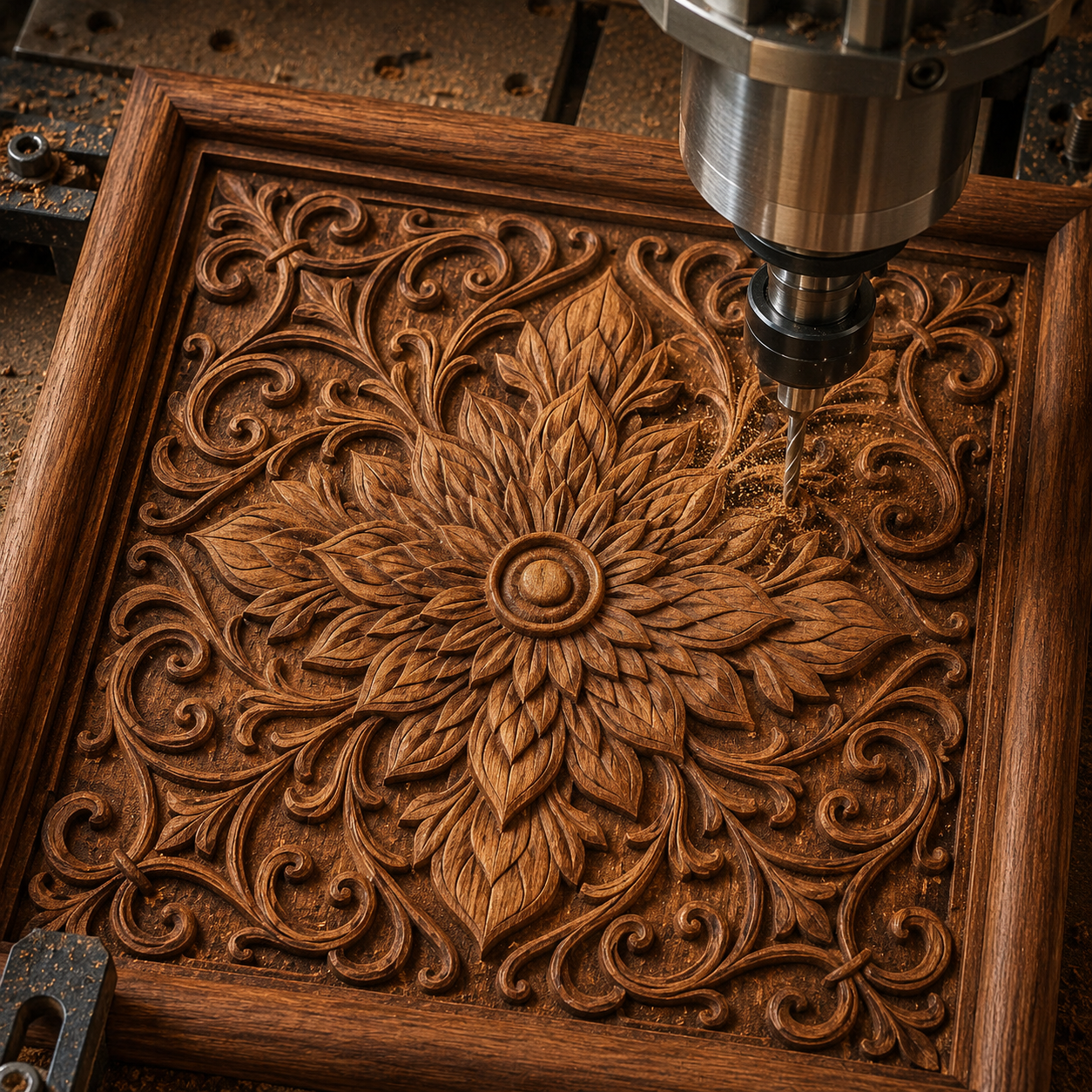 The Ornamental Floral Panel CNC Relief STL File by Form Arcade features an intricate floral and leaf design for woodworking projects, perfect as a decorative CNC wall art piece surrounded by an elegant frame.