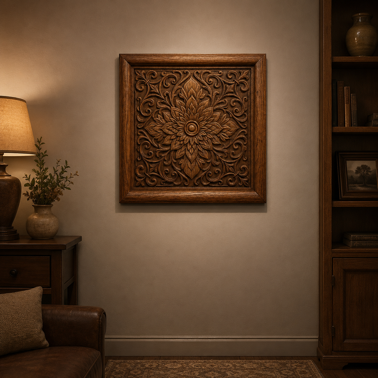 A living room showcases Form Arcade's Ornamental Floral Panel CNC Relief STL File as decorative wall art above a brown leather sofa, complemented by a lamp, greenery in a vase, and a bookshelf with pottery and framed art.