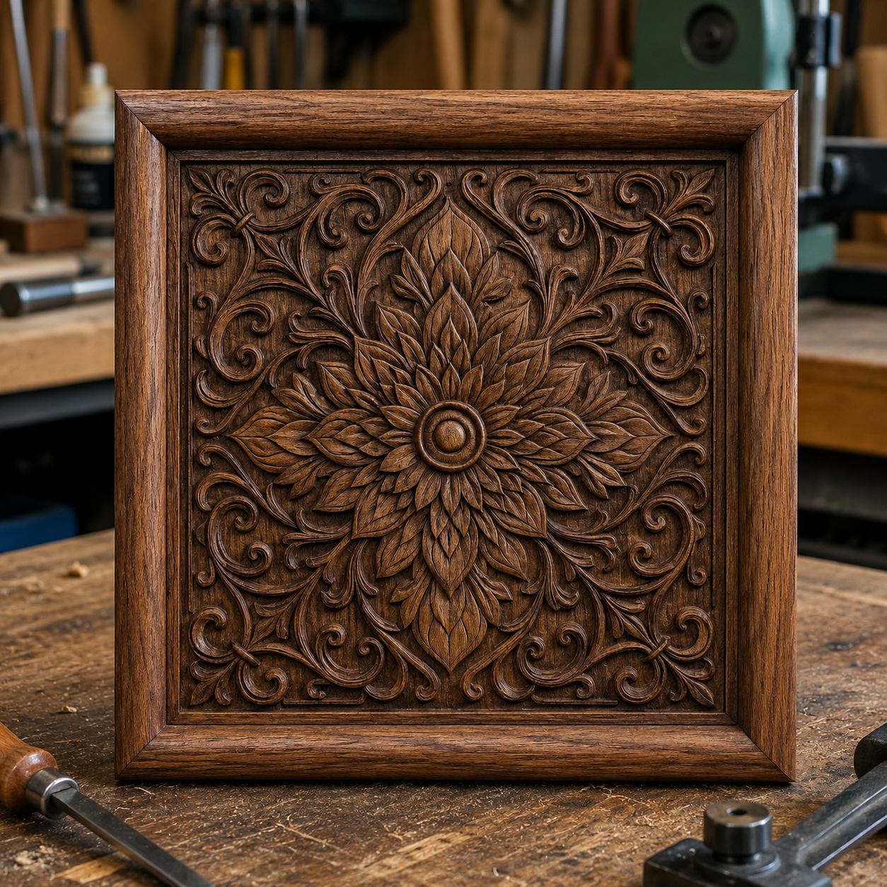 The Ornamental Floral Panel CNC Relief STL File by Form Arcade, featuring an intricate floral and leaf design, is displayed in a woodworking shop—ideal for decorative CNC wall art or woodworking projects.