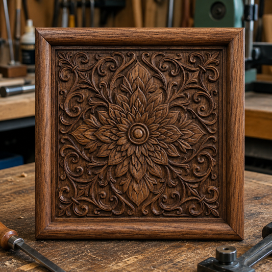The Ornamental Floral Panel CNC Relief STL File by Form Arcade, featuring an intricate floral and leaf design, is displayed in a woodworking shop—ideal for decorative CNC wall art or woodworking projects.