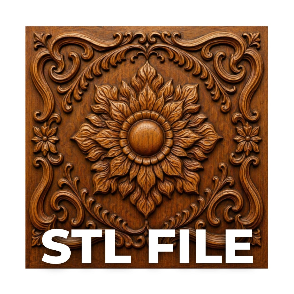 The Ornamental Frame Flower Relief STL File by Form Arcade features a detailed floral center with ornate patterns, ideal for CNC carving or 3D printing decorative wall art. "STL FILE" is displayed in bold white letters at the bottom.