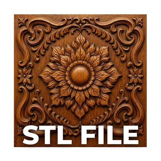 The Ornamental Frame Flower Relief STL File by Form Arcade features a detailed floral center with ornate patterns, ideal for CNC carving or 3D printing decorative wall art. "STL FILE" is displayed in bold white letters at the bottom.