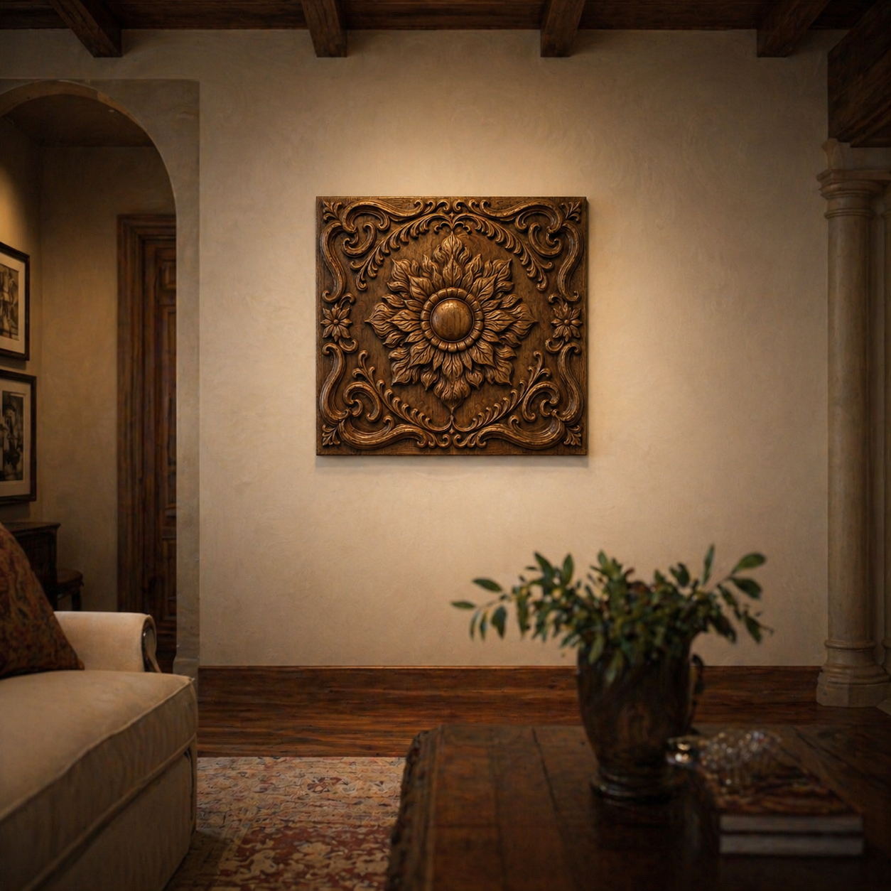 A cozy living room features Form Arcade's Ornamental Frame Flower Relief CNC wall art on a beige wall, with a comfy sofa, ornate rug, and wooden coffee table topped with greenery and books.