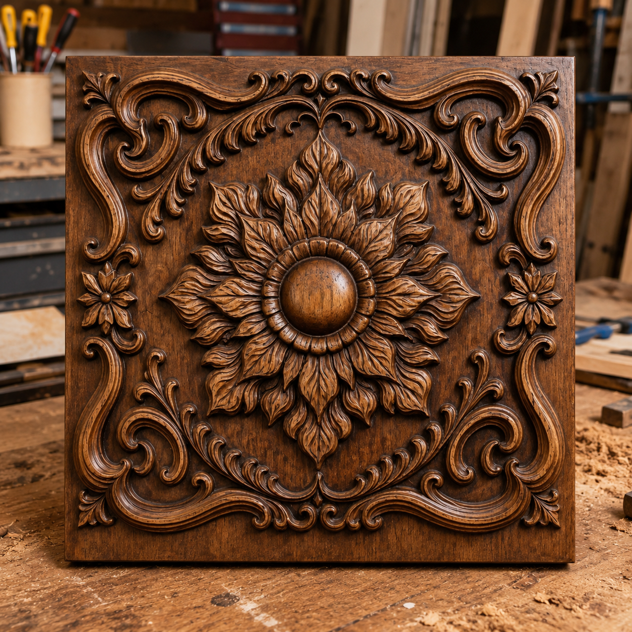 The Ornamental Frame Flower Relief STL File by Form Arcade features an intricate floral design, ideal for decorative CNC wall art or woodworking inspiration, and makes a stunning ornamental centerpiece for any project.