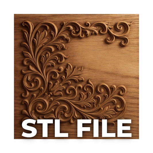 The "Ornamental Corner Scroll Relief STL File | Decorative CNC Wall Art" by Form Arcade is a wooden square plaque with carved floral and scrollwork in two corners, perfect for CNC carving or 3D printing. "STL FILE" appears in bold white at the bottom.