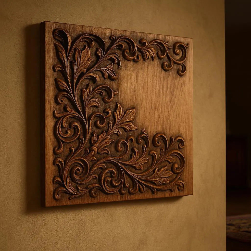The Ornamental Corner Scroll Relief STL File by Form Arcade is a decorative CNC wall art design featuring intricate floral and leaf carvings in one corner of a square panel, with the remaining area smooth to showcase the wood grain against beige walls.