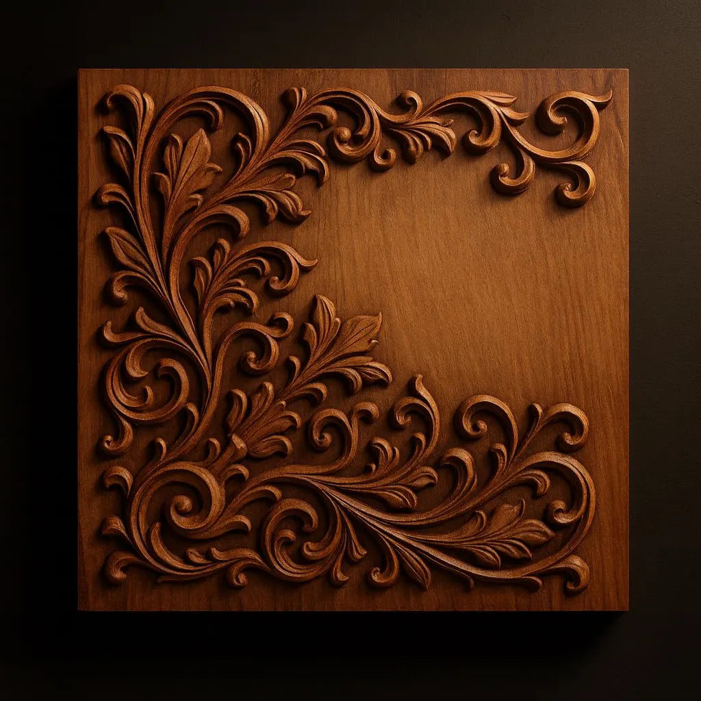 The Ornamental Corner Scroll Relief STL File by Form Arcade features intricate floral and leaf CNC carvings in two corners, creating decorative wall art on rich brown wood with a contrasting dark background.