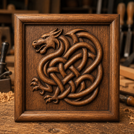 The Celtic Dragon Knot Relief STL File by Form Arcade features an intricate dragon knot design for CNC wall art, perfect for adding a unique touch to your space.