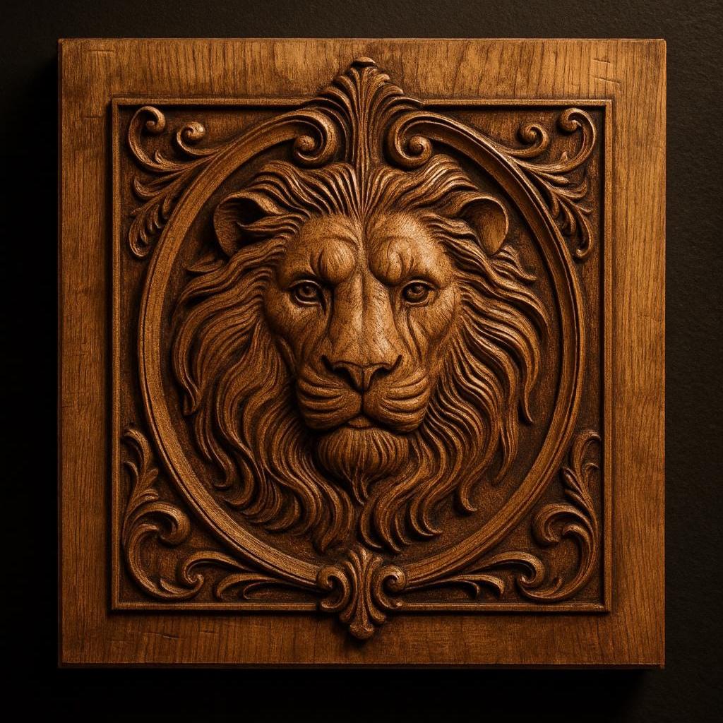 The Ornate Lion Portrait Leaves CNC Relief STL File by Form Arcade features a detailed lion’s head with expressive eyes and flowing mane, framed by scrollwork. Perfect for woodworking or wildlife wall art CNC projects.