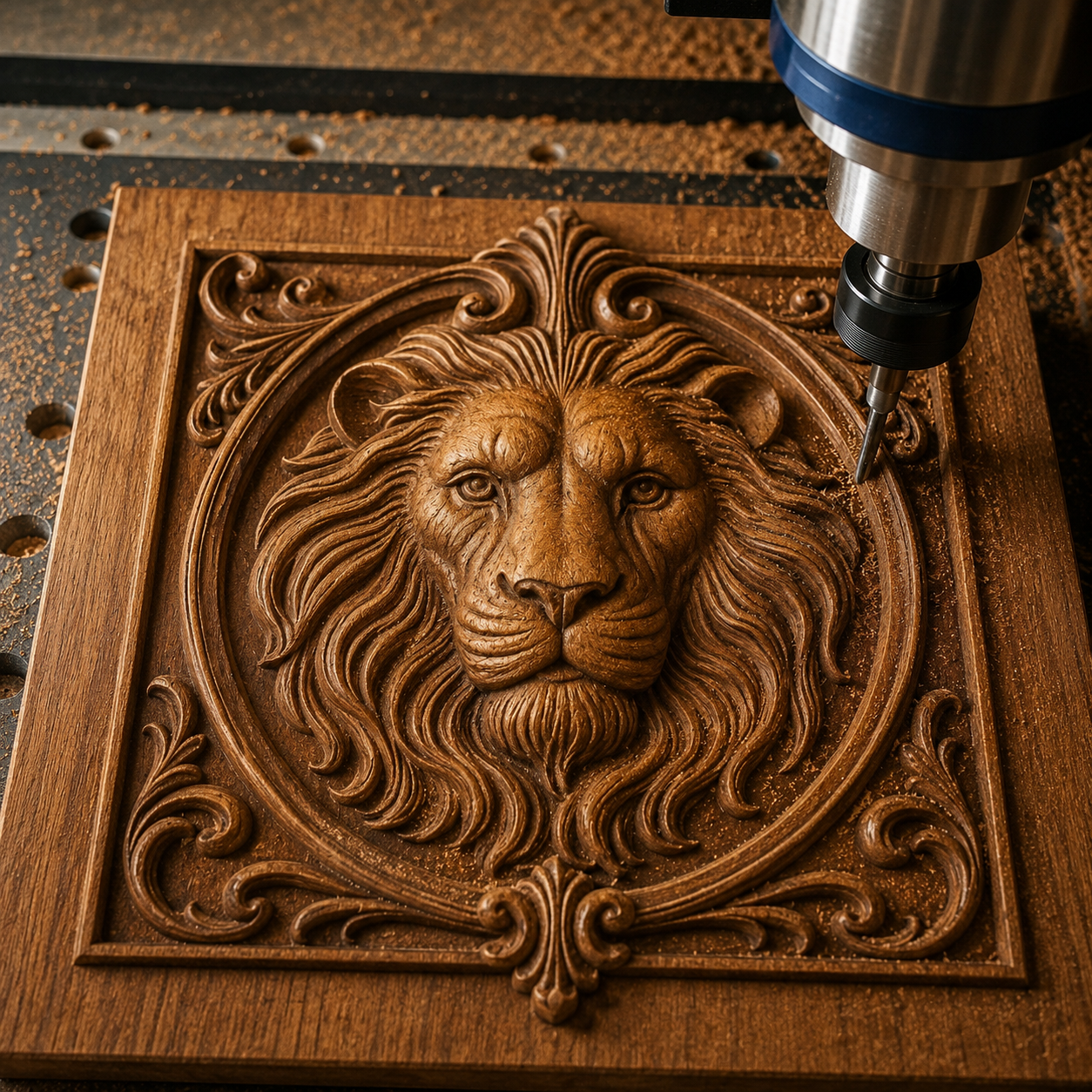 The Ornate Lion Portrait Leaves CNC Relief STL File by Form Arcade features a detailed lion’s head with a flowing mane and ornate patterns, perfect for wildlife wall art and showcasing impressive woodworking projects.