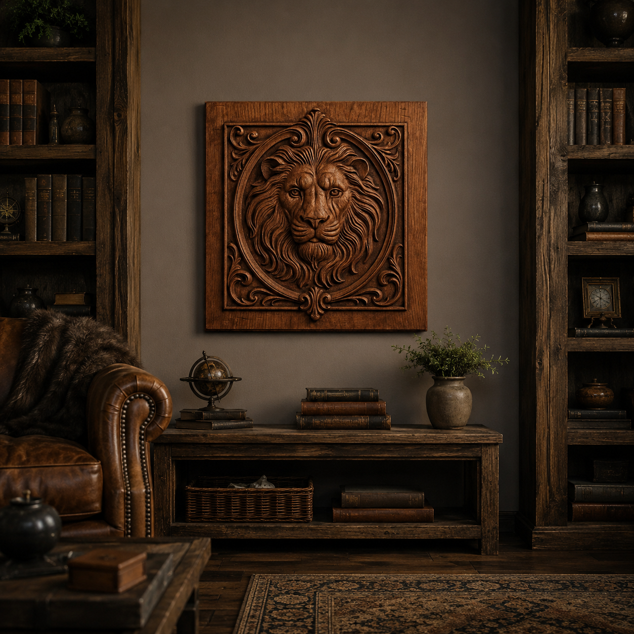A cozy library with wooden shelves, a leather chair, and Form Arcade's Ornate Lion Portrait Leaves CNC Relief Wall Art adds elegance. Books, a globe, and a plant complete this inviting display of woodworking projects.