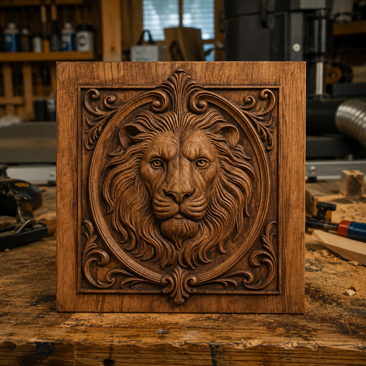 The Ornate Lion Portrait Leaves CNC Relief STL File by Form Arcade is a detailed wildlife wall art design, displayed upright on a workbench in a woodworking shop—ideal for your next woodworking or CNC project.