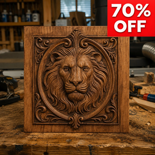 An Ornate Lion Portrait Leaves CNC Relief STL File by Form Arcade is showcased in a workshop. A red banner at the top right announces "70% OFF" in bold white text. Ideal for CNC woodworking and wildlife wall art projects.