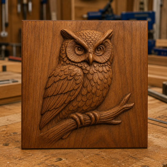 Introducing the Owl Branch CNC Relief STL File by Form Arcade—a digital design for creating an intricately detailed owl perched on a branch, ideal for woodworking projects and showcased in a workshop setting with tools and wood materials in the background.