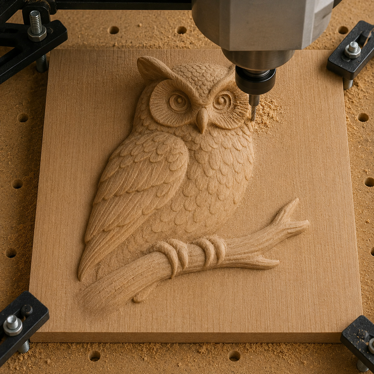 Using advanced CNC technology, the Form Arcade "Owl Branch CNC Relief STL File | Owl CNC Wall Art" precisely carves a detailed owl perched on a branch into a square wooden board, producing an impressive relief carving perfect for woodworking projects, with wood shavings artfully scattered around the workspace.