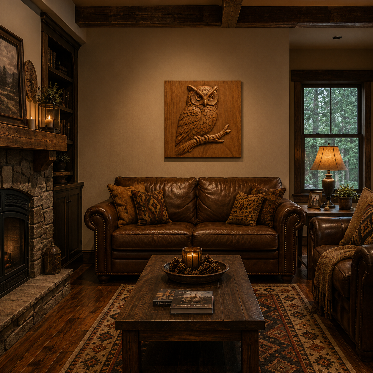 A cozy living room featuring a brown leather sofa, rustic wooden coffee table, glowing fireplace, and the beautifully crafted Owl Branch CNC Relief STL File by Form Arcade displayed on the wall. Warm lighting and patterned decor inspired by woodworking projects create a welcoming atmosphere.