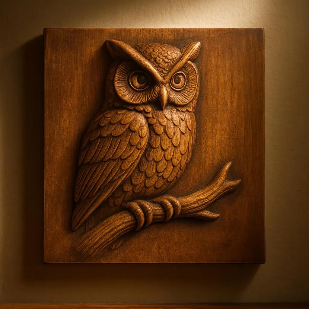 A detailed wooden carving of an owl perched on a branch, mounted on a square plaque and illuminated by warm light—perfect for woodworking projects with the Owl Branch CNC Relief STL File | Owl CNC Wall Art from Form Arcade, available as an STL file for CNC carving.