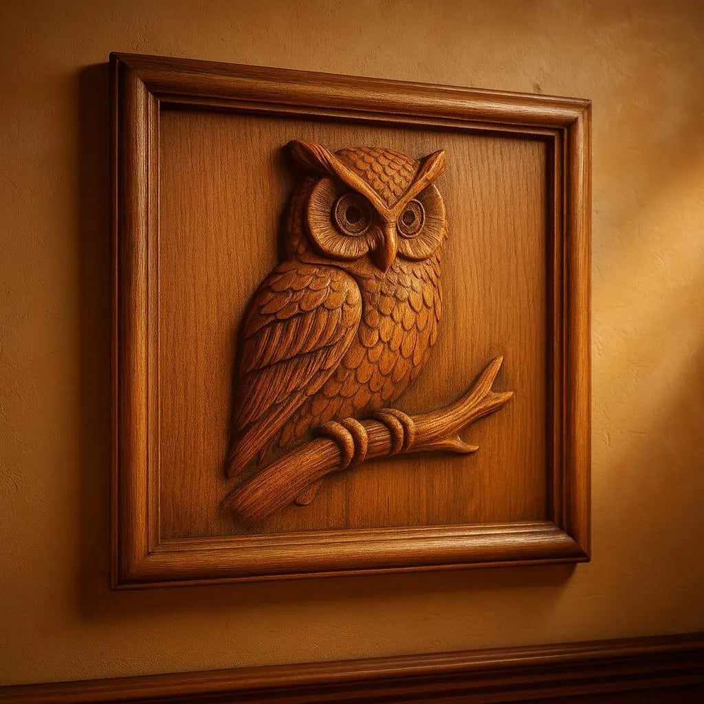 A square wooden wall panel displays the "Owl Branch CNC Relief" STL file by Form Arcade, showcasing an intricately carved owl perched on a branch in warm brown tones, mounted against a softly lit beige wall.