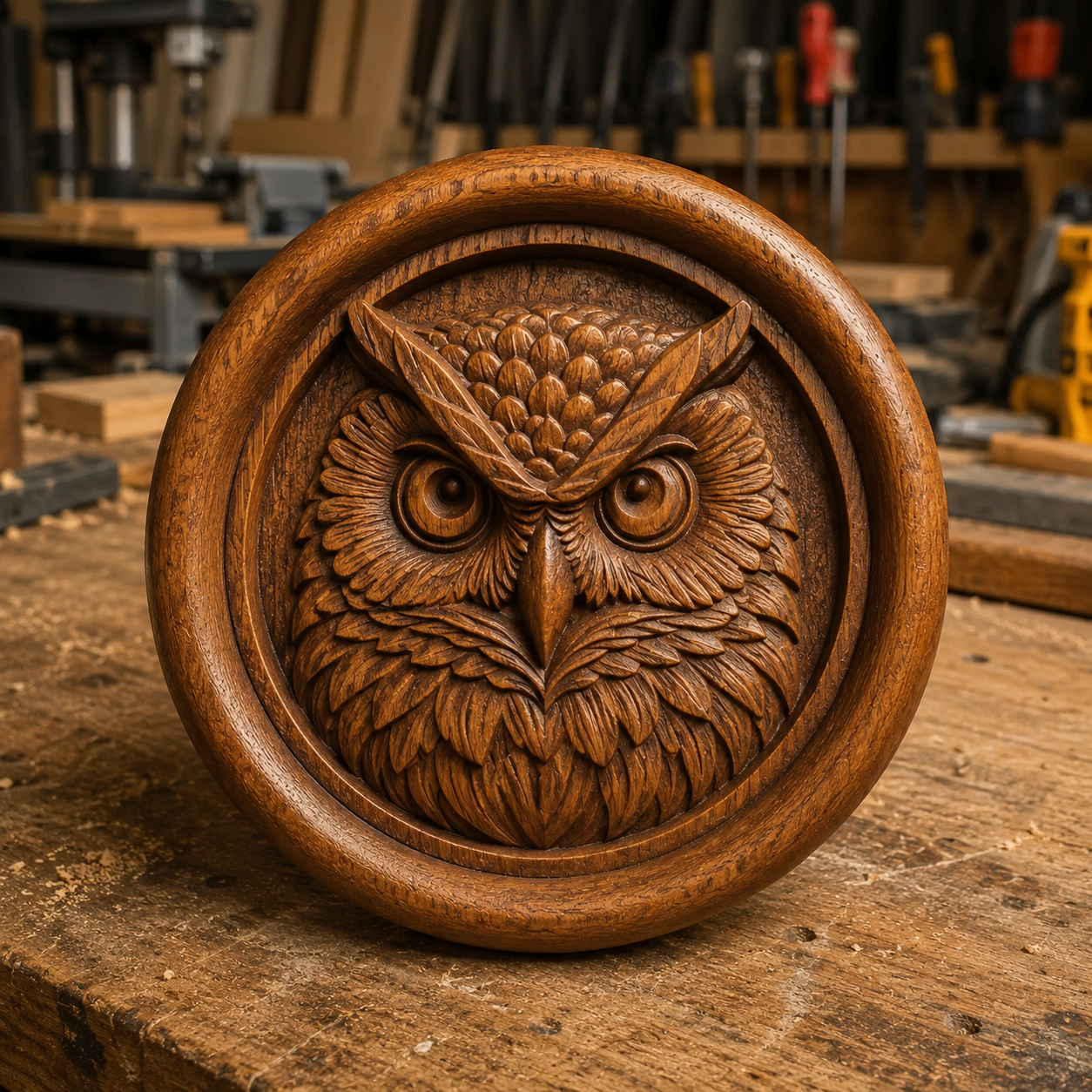 A round, intricately carved wooden plaque featuring an owl's face is displayed on a workbench in a woodworking shop, surrounded by tools and wood pieces. The Owl Medallion CNC Relief STL File | Owl CNC Wall Art from Form Arcade exemplifies the detailed craftsmanship achievable with CNC relief carving in advanced woodworking projects.